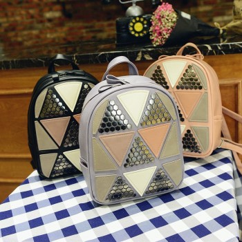 Preppy Style Backpack Geometric Patchwork Female School Bags High Quality PU Leather Daypacks Black Pink